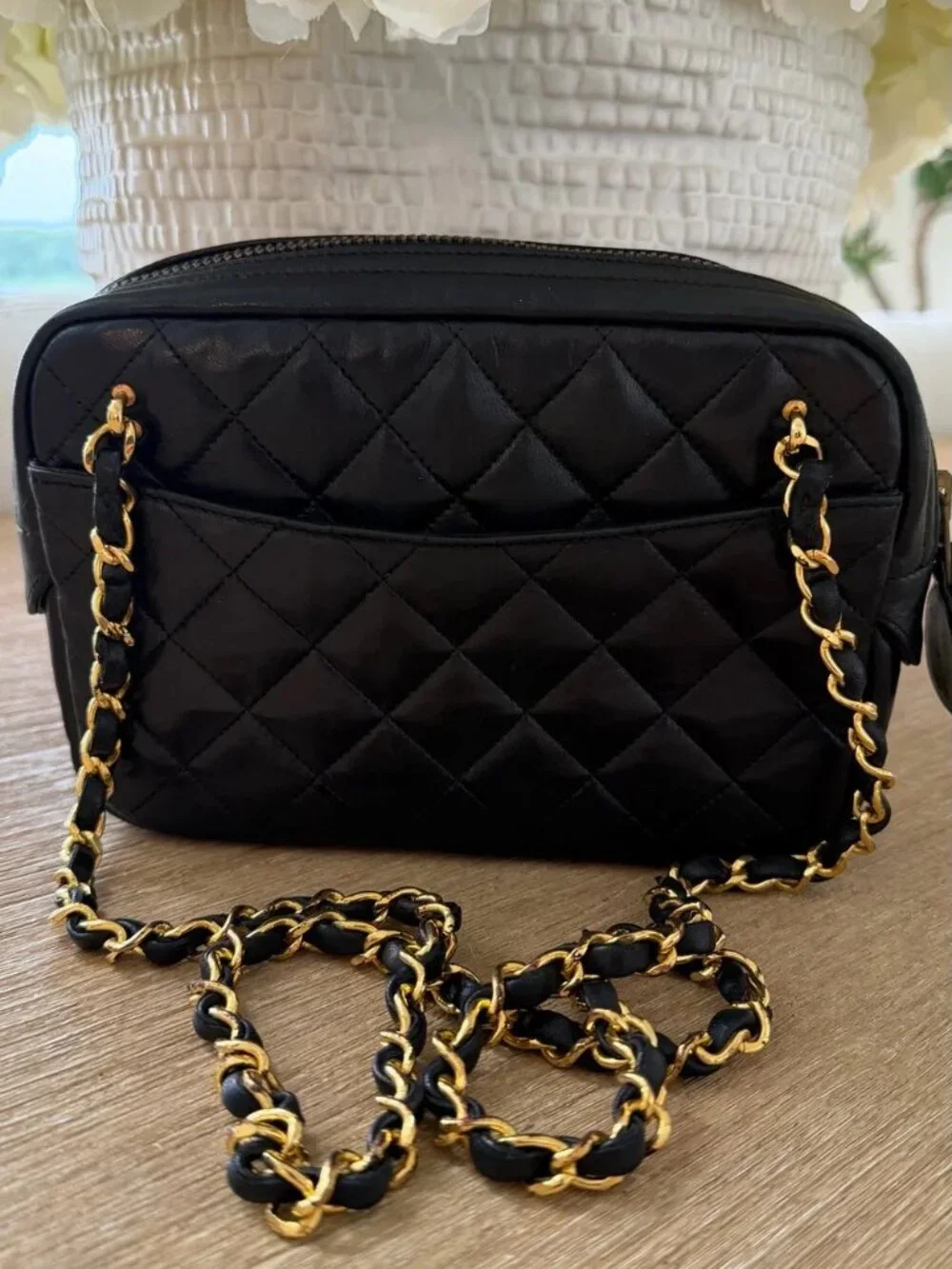 CHANEL Black Quilted Lambskin Crossbody with Gold Chain